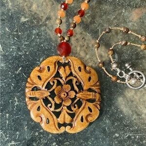 Necklace Double Sided Carved Flower Pendant Artisan Bohemian Charm Jewelry